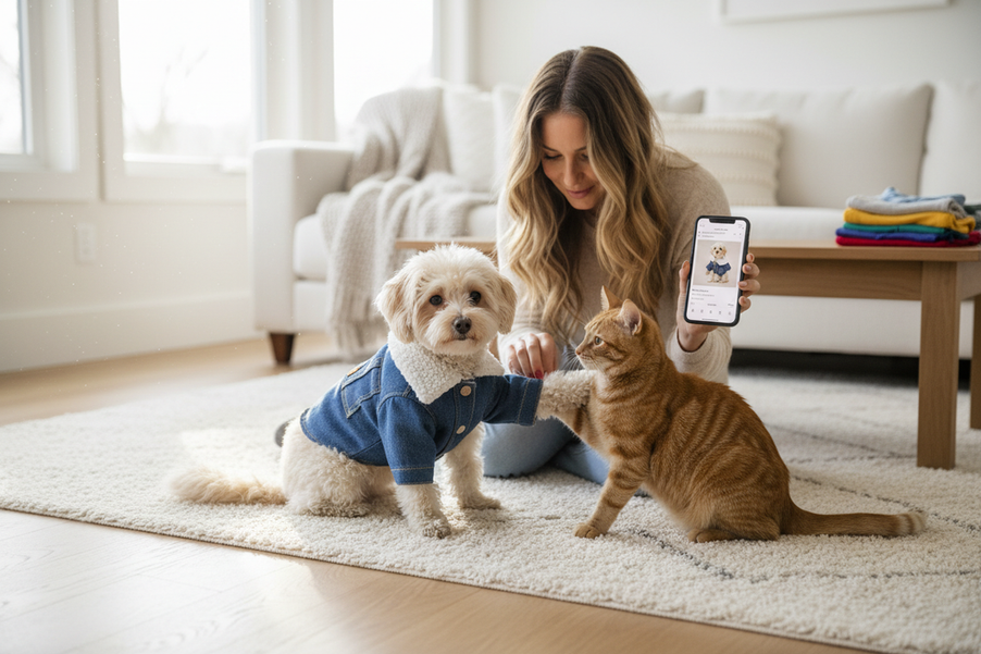 A small dog and a cat together in a cozy home setting, with a pet outfit being checked for fit before purchase, styled as an editorial hero image