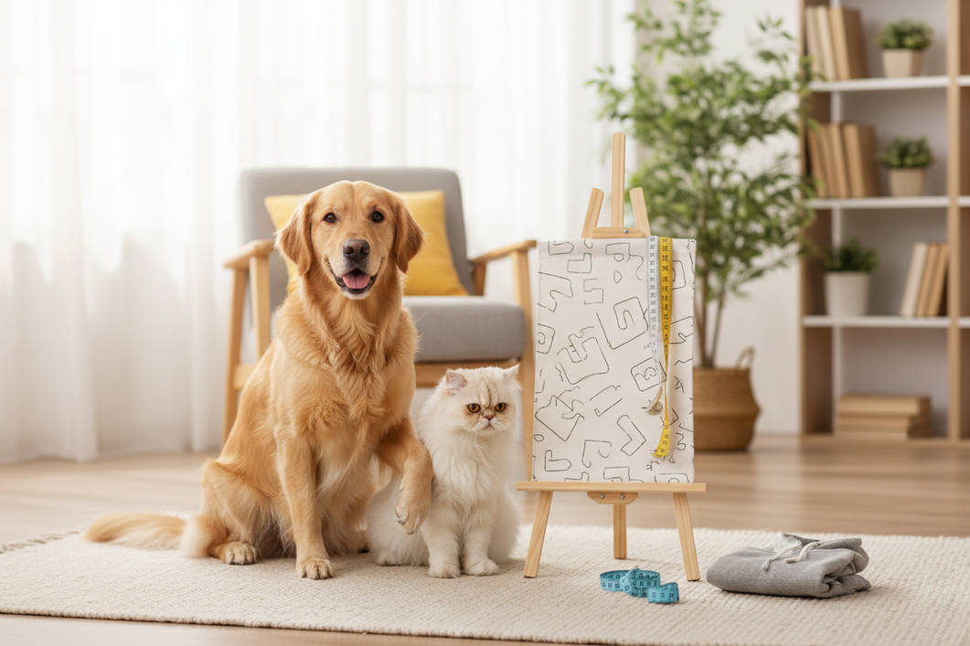 A dog and cat together beside a pet clothing size chart, with a soft measuring tape laid out for fit checking
