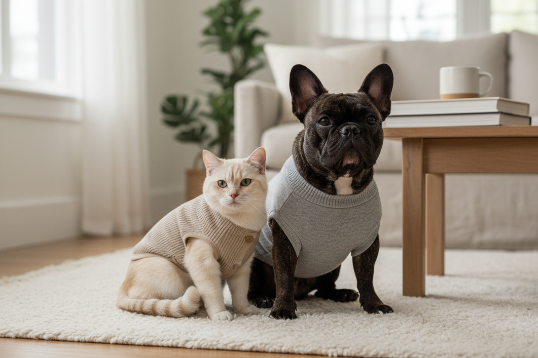 French bulldog and cat wearing a fitted pet sweater together on a couch, showing a compact broad-chested dog clothing fit