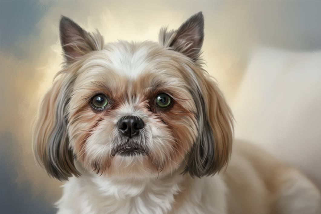 Shih Tzu with soft reddish-brown staining around the inner corners of the eyes, calm face, close-up editorial pet portrait