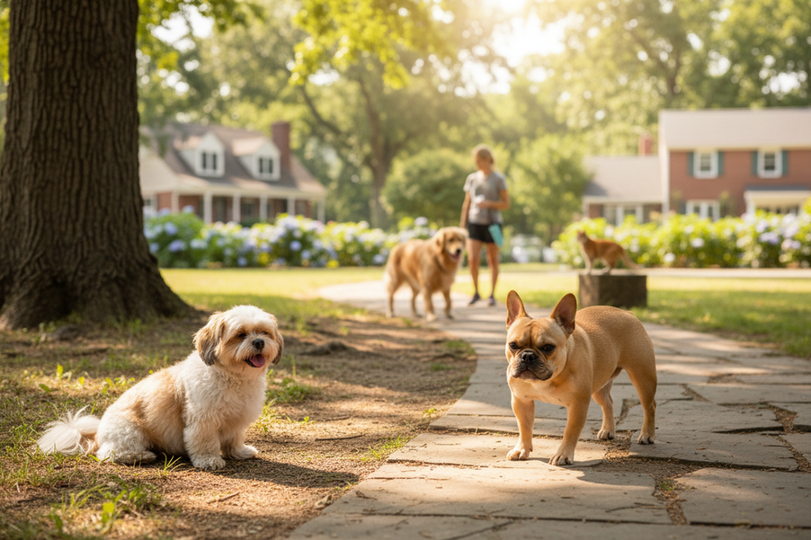 Small dog and flat-faced dog at risk from hot weather on a summer sidewalk