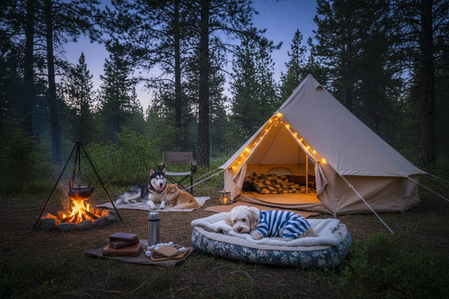 Small Cavapoo in cozy dog pajamas resting at a campsite inside a tent with a cool evening feel