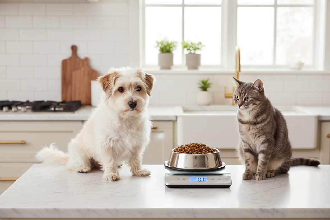 Small dog and cat beside a kitchen scale and measured food bowl, showing careful pet weight management at home