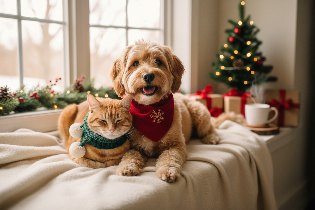 Small dog wearing a festive holiday outfit with a cat nearby in a cozy home setting for a seasonal photo.