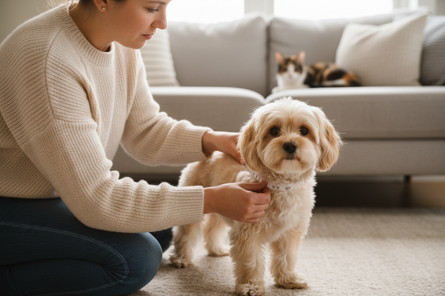 Small dog wearing a fitted pet shirt while a person uses a soft measuring tape around the chest for sizing
