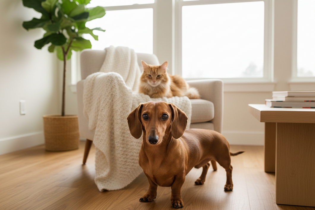 Dachshund and cat together in a cozy home scene, with the dog showing a slightly hunched posture and the cat nearby on a couch, editorial pet-care illustration