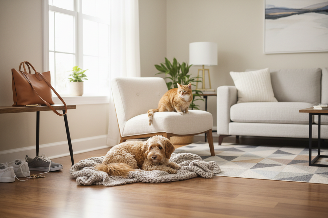 Two small pets relaxing together near an open doorway in a bright home, showing calm companionship and departure-time stress management