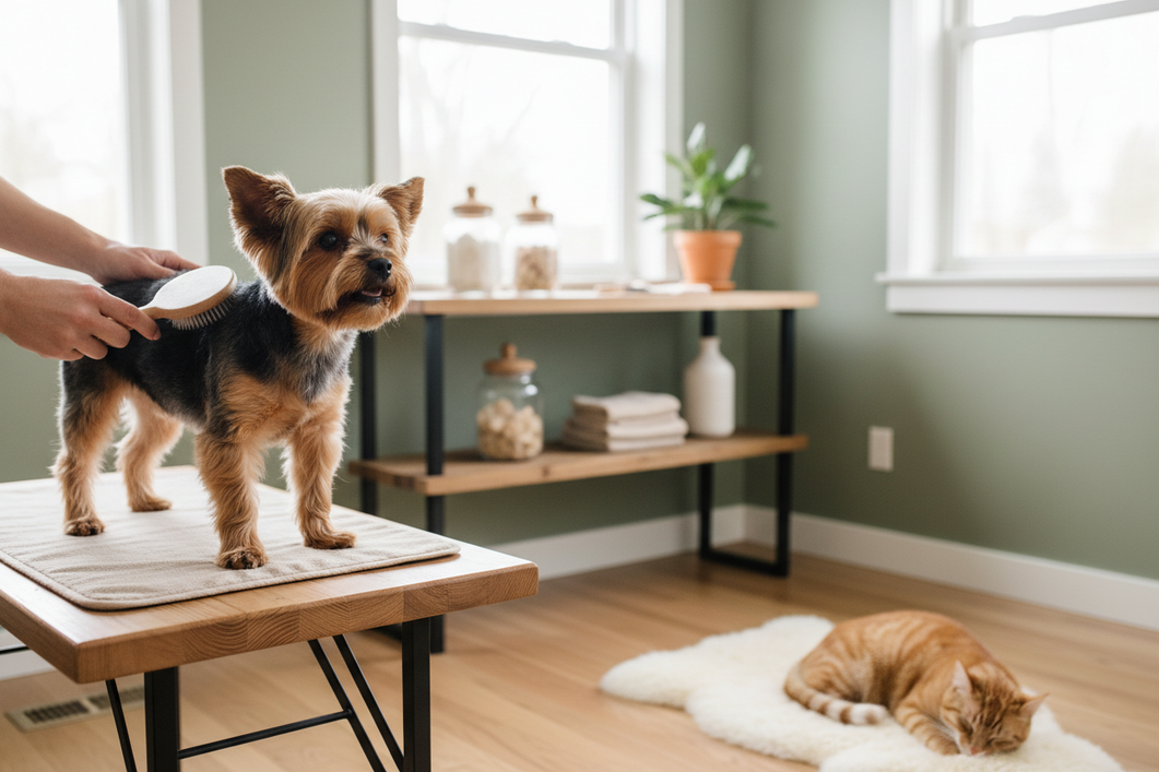 Yorkshire terrier grooming scene with a small dog being gently brushed on a grooming table while a cat sits nearby in the same home setting