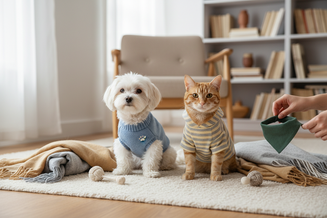 Side-by-side editorial image of a small dog and a cat wearing pet clothes in a cozy home setting, shown as a broad shopping hero for comparing fit before buying