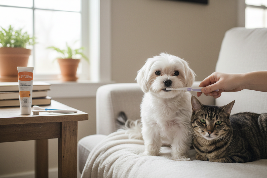 Maltese dog with a dog and cat sharing a calm home pet-care scene, showing a small dog dental checkup and brushing routine