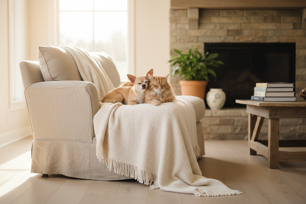 A small Chihuahua wrapped in a cozy layer beside a calm cat in a quiet home setting, showing a gentle comfort scene