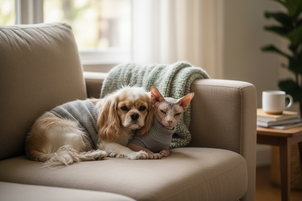 Hairless cat wearing a snug pet sweater while standing beside a small dog on a couch, showing a comfortable fit for indoor warmth