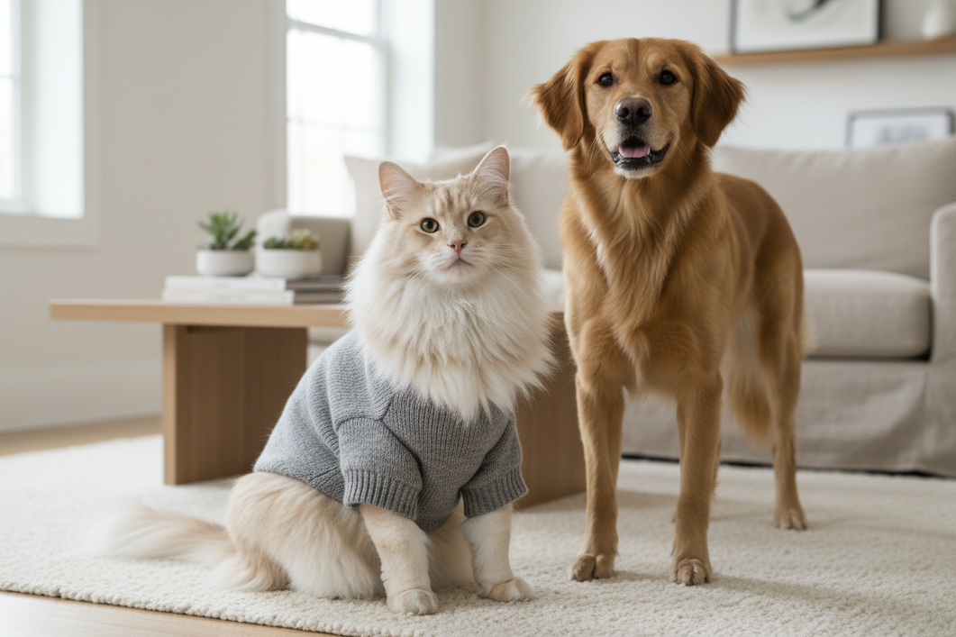 Maine Coon cat wearing a soft pet sweater with room through the chest and back while a dog stands nearby for size comparison