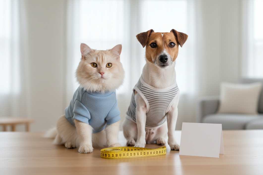 Cat and dog wearing pet clothes beside a size chart on a table