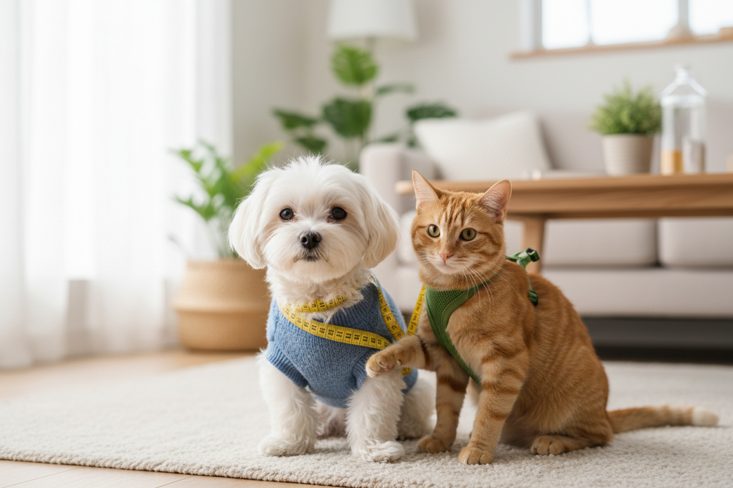 Small dog and cat being measured together with a soft tape measure on a living room floor