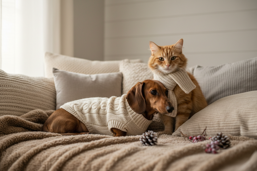 Chiweenie in a warm sweater with full back coverage beside a small cat in a cozy winter setting