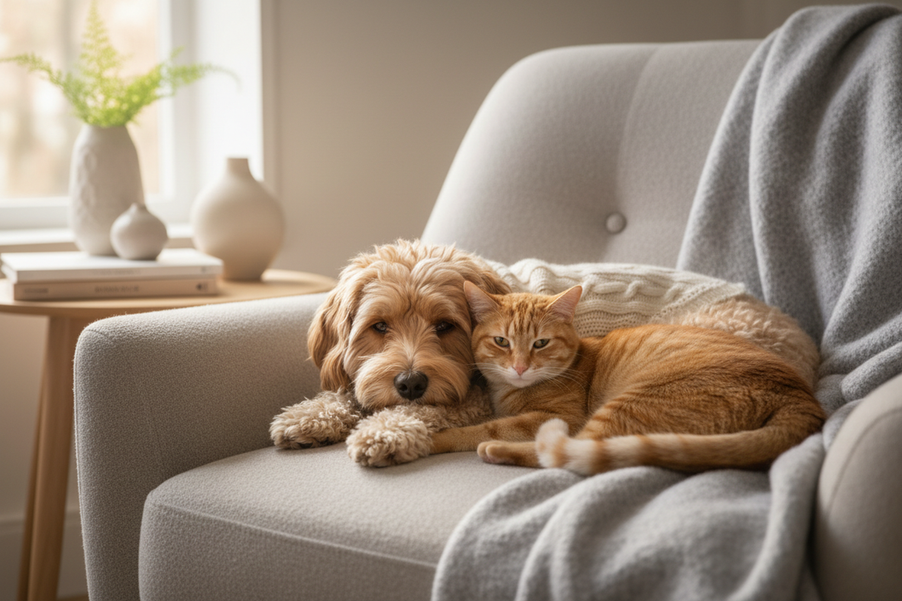 Poodle mix dog wearing a cozy sweater beside a small cat, showing a comfortable layered fit for a curly-coated small dog.