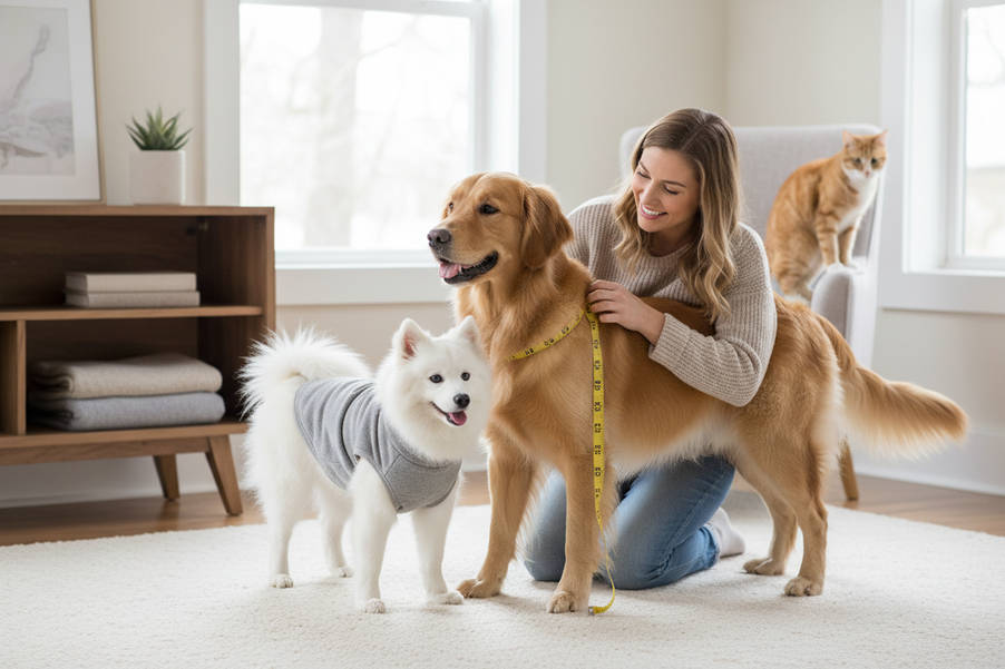A pet owner measuring a dog’s chest with a soft tape measure beside a second pet wearing a simple outfit, with both cat and dog present in the scene