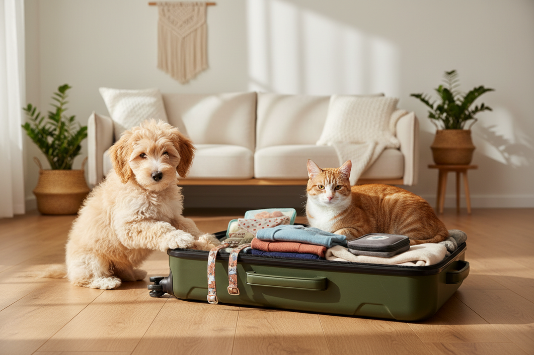 Small dog in a travel outfit with a cat nearby, styled for trip packing