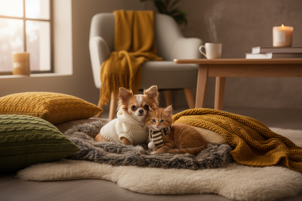 A small Chihuahua and a kitten wearing cozy pet clothes together on a neutral background, styled as a warm editorial hero image