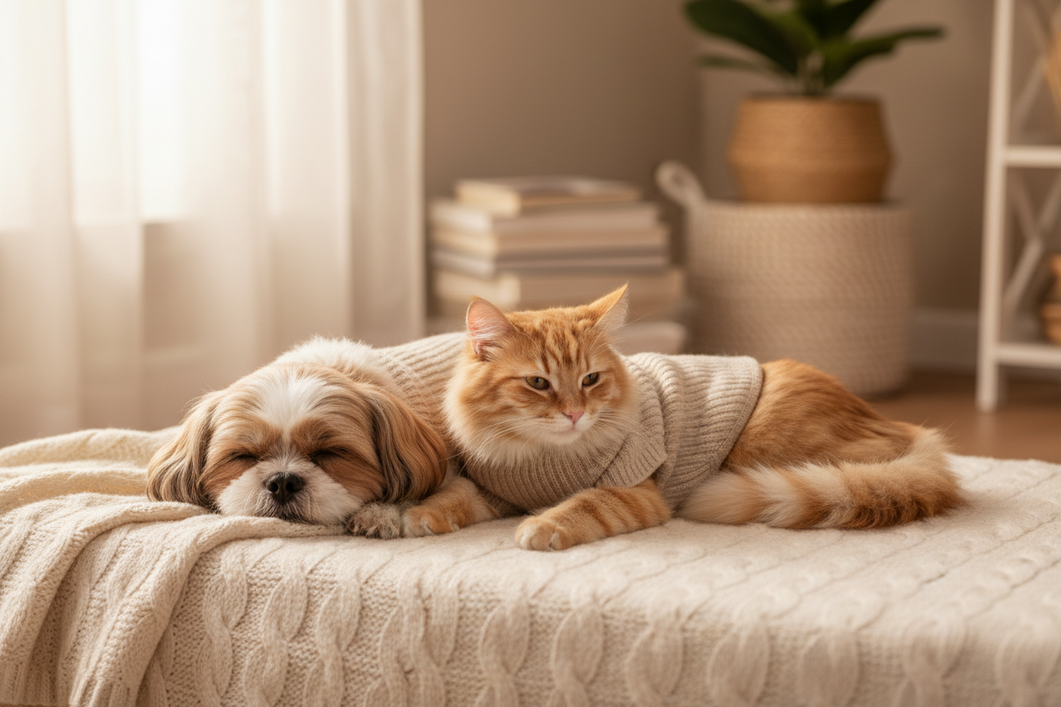 Shih Tzu wearing a soft pet sweater with a cat nearby in a cozy indoor setting