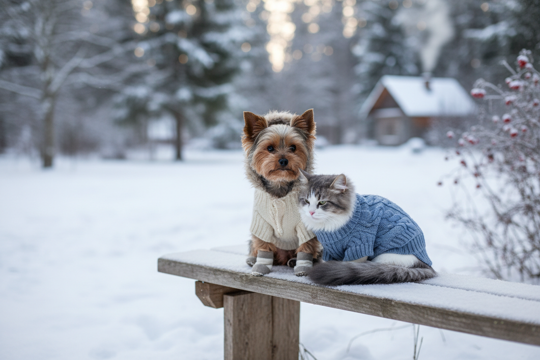Small Yorkie wearing a cozy winter sweater while standing outdoors on a chilly day, with a second tiny pet nearby for scale and companionship