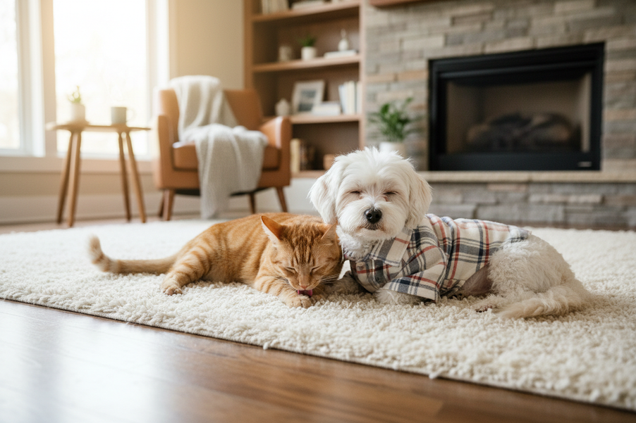 Small dog in cozy pajamas indoors with a cat nearby, showing a warm winter comfort scene