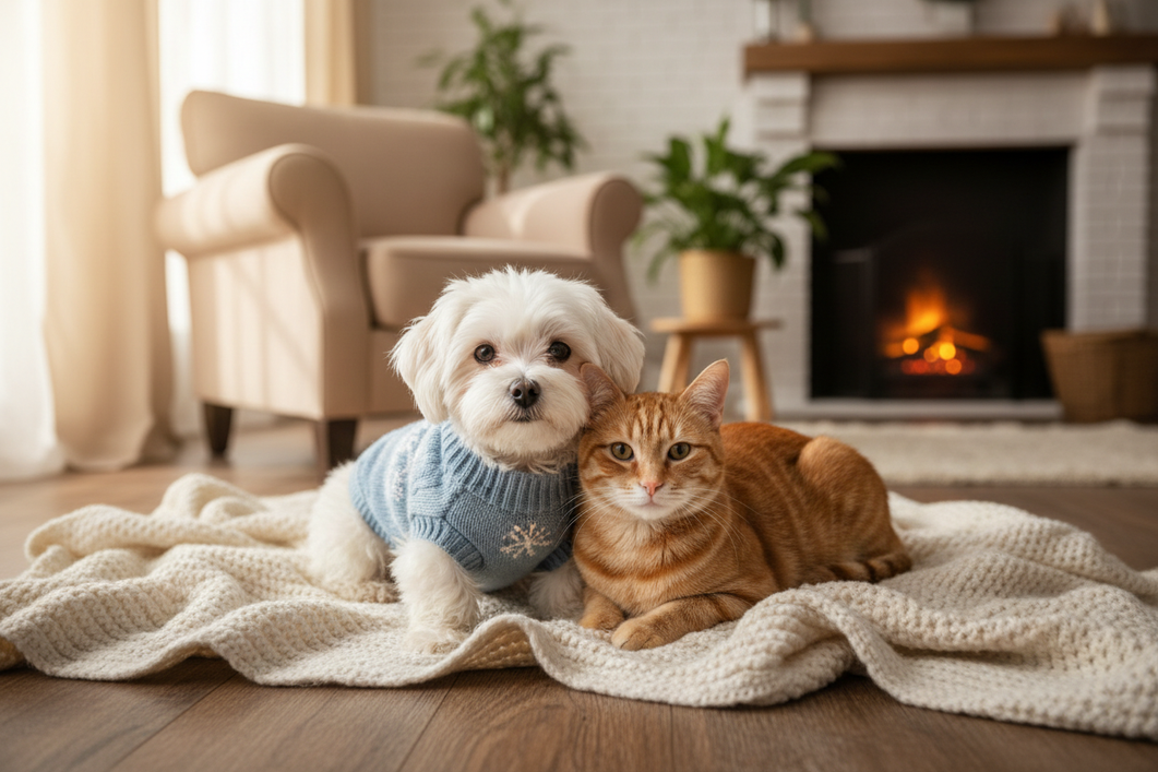A small white Maltese dog wearing a cozy pet sweater in a cool indoor setting, with a cat nearby for a blended pet-lifestyle scene