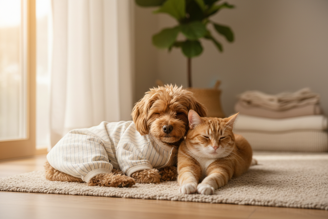 Soft dog pajamas on a small dog beside a cat indoors, highlighting gentle fabric and easy comfort for sensitive skin