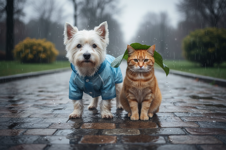 Small dog and cat wearing rain gear outdoors on a wet city sidewalk, showing a practical pet raincoat for rainy walks