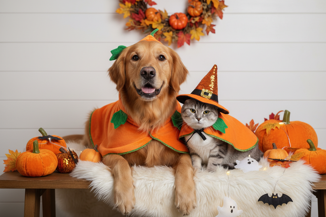 Dog and cat wearing a cozy Halloween pet outfit together for a fun seasonal portrait