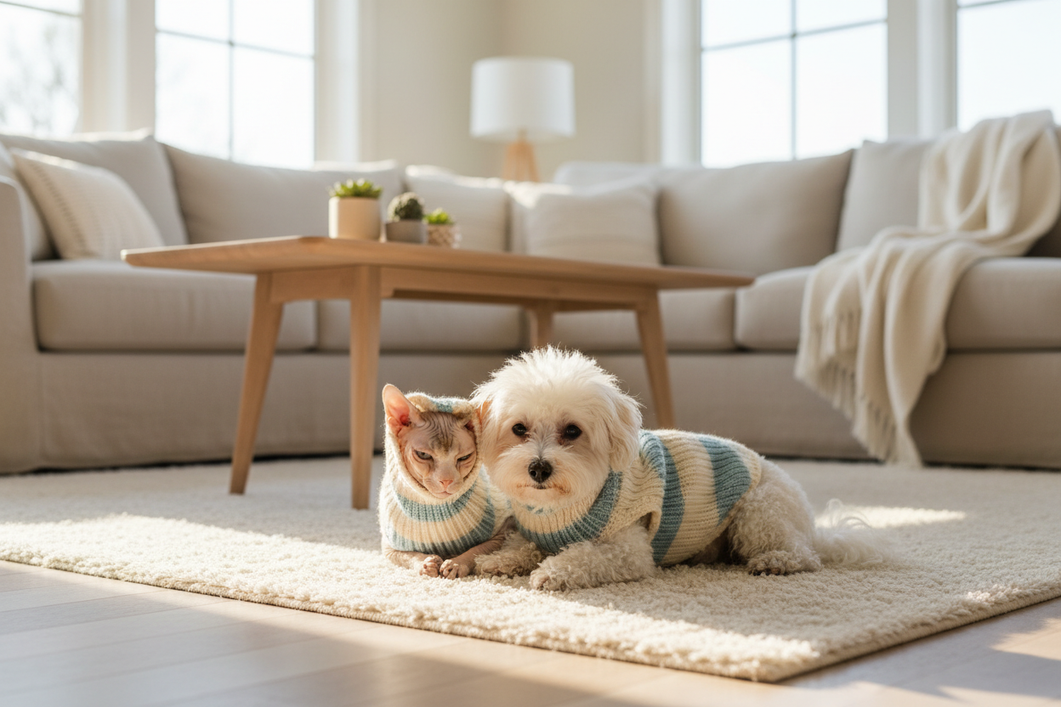 Sphynx cat in a soft pet sweater next to a small dog in a matching pet outfit, indoors on a calm neutral background