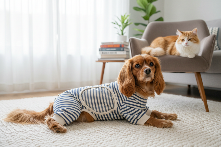 Small male dog wearing comfortable pajamas with a belly opening for easy potty breaks, shown in a cozy home setting