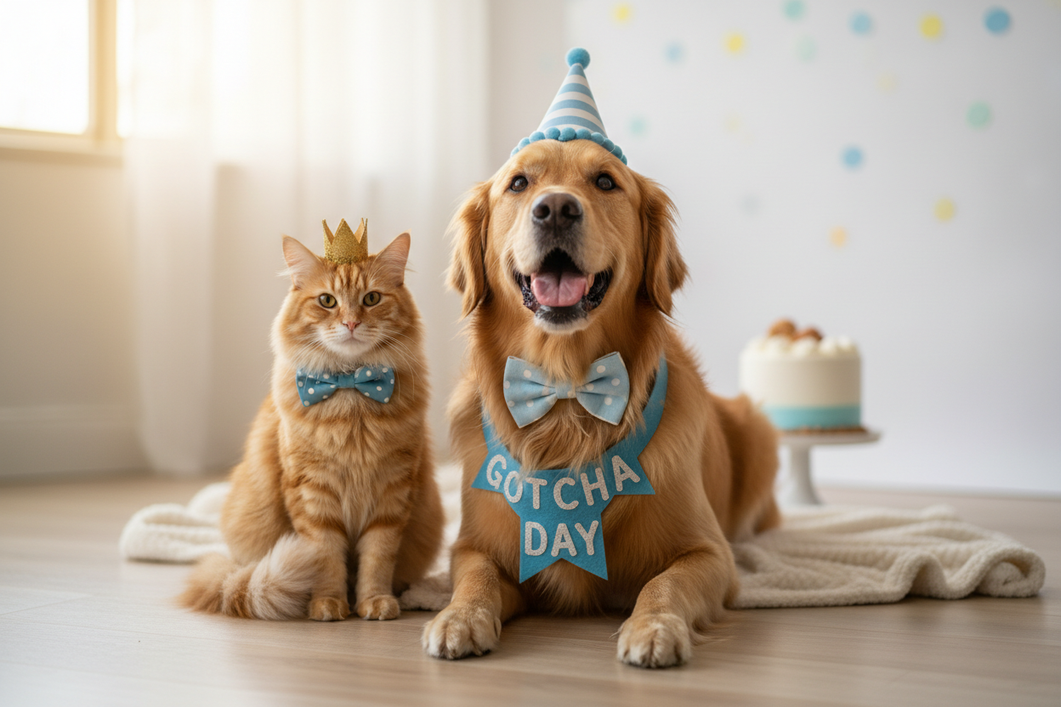 Happy dog and cat posed together for a pet birthday photo in a simple festive setting with a dressed-up pet outfit