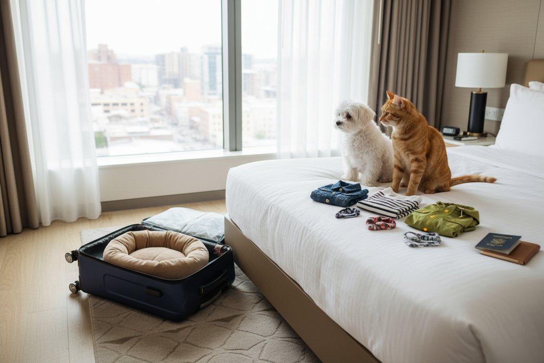 Small dog wearing a lightweight travel outfit beside an open suitcase with folded pet clothing, showing a simple packing setup for a trip