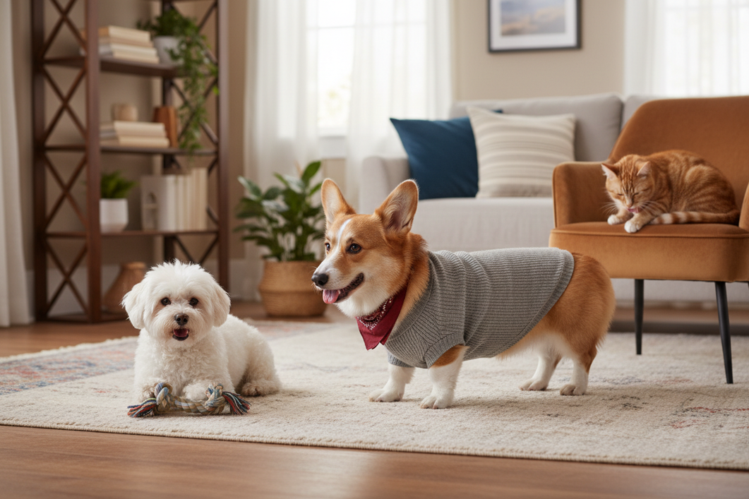 Corgi wearing fitted pet clothes that stay clear of the ground while standing indoors with a small dog and a cat nearby
