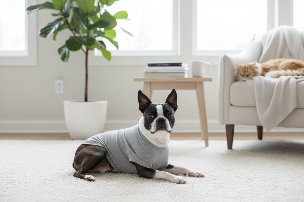 Boston Terrier wearing a fitted dog shirt with a broad chest and short back, standing in a clean indoor room