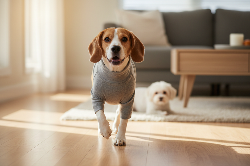 Beagle wearing a fitted dog sweater while standing on a living room floor beside a measuring tape, showing chest and neck fit for an active build