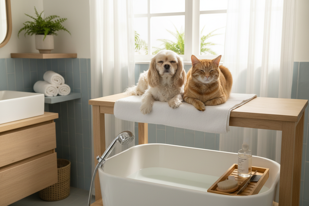 Small dog and cat together in a bright home bathroom, with grooming tools nearby and a calm bath-time setup