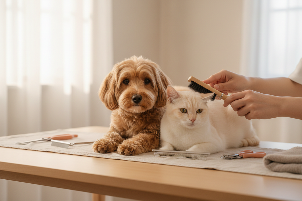 Small dog and cat being gently groomed together on a table, calm pet-care scene