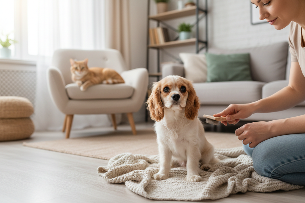 Adult hand gently brushing a small breed puppy on a grooming table with a second pet nearby in a calm home setting