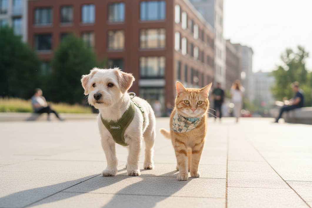 Small dog and cat wearing walk-ready pet clothes with a harness-friendly opening, standing side by side on a sidewalk