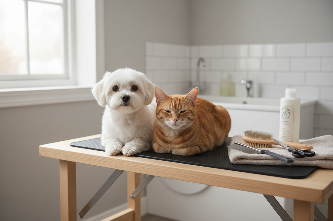 A small dog and a cat calmly together on a grooming table with brushes, combs, nail clippers, and a towel nearby, illustrating the choice between professional grooming and home care.