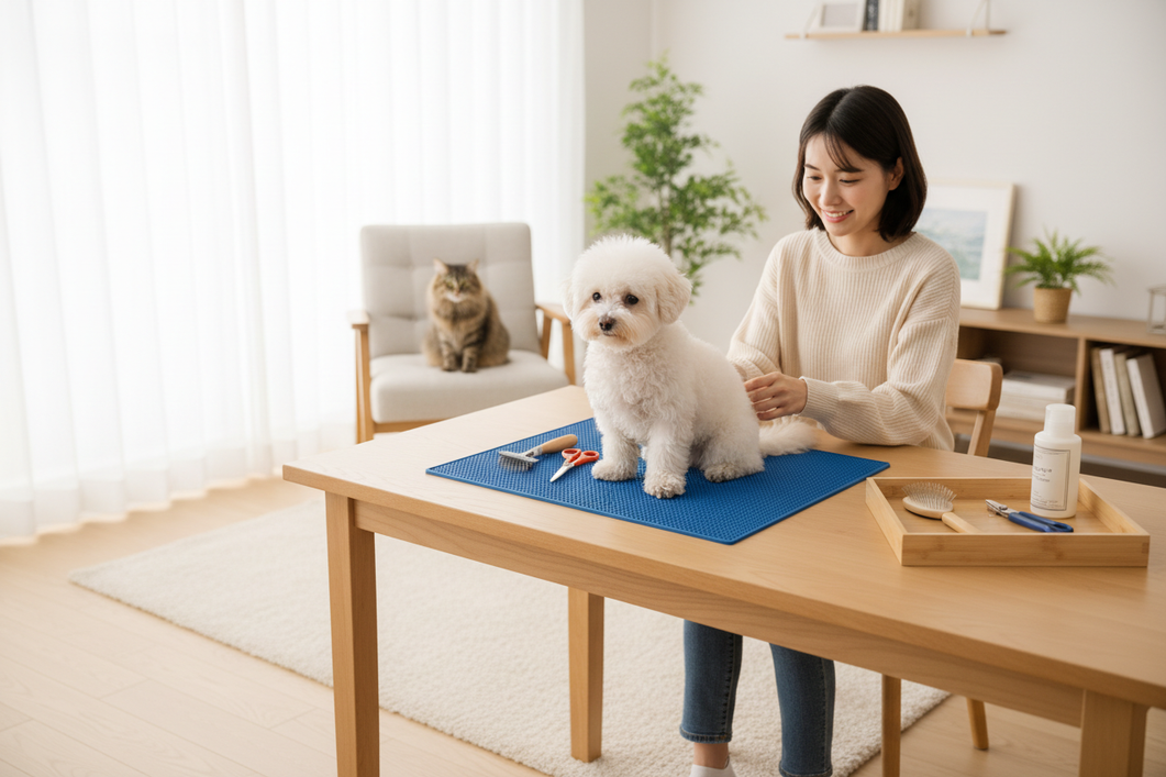 A small dog on a non-slip grooming surface in a quiet home room with a calm pet owner nearby, showing a safe setup for home grooming.