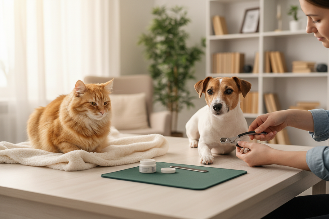 Small dog and cat together on a grooming table with nail trimming tools nearby in a calm home setting