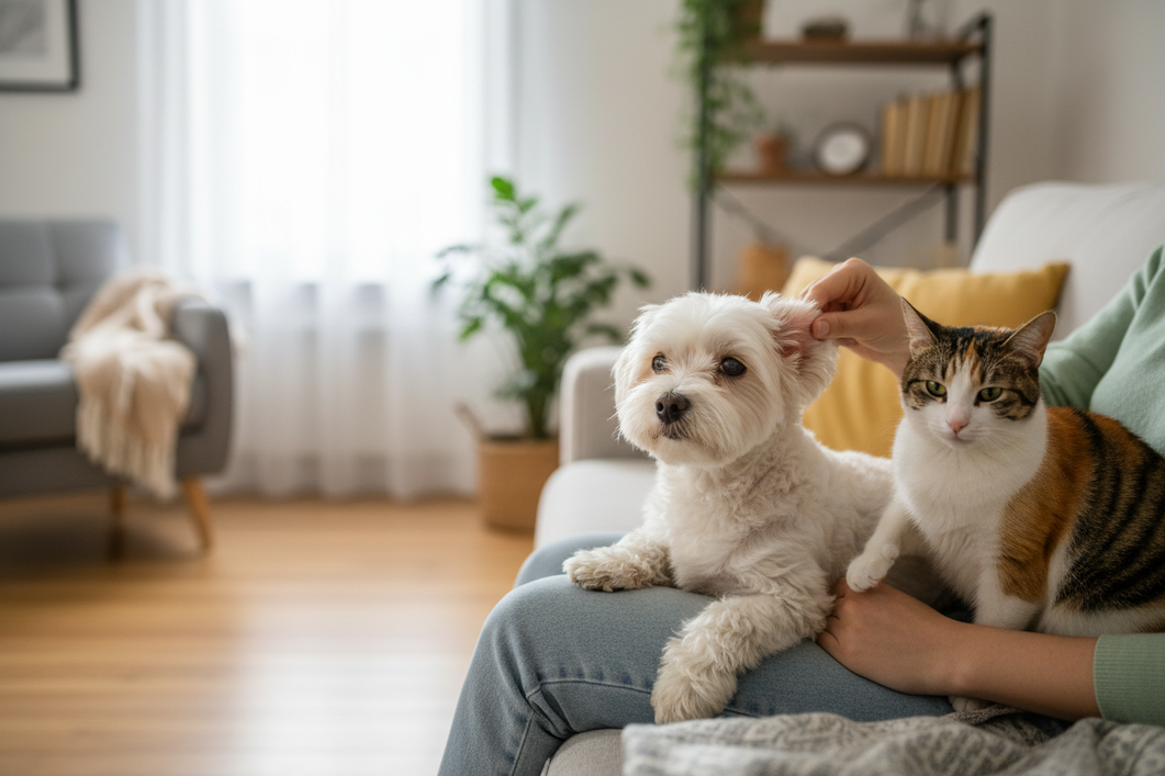 Small dog and cat side by side in a calm grooming setting while a person gently checks the dog’s outer ear, clean and healthy-looking, with no tools inserted into the ear canal