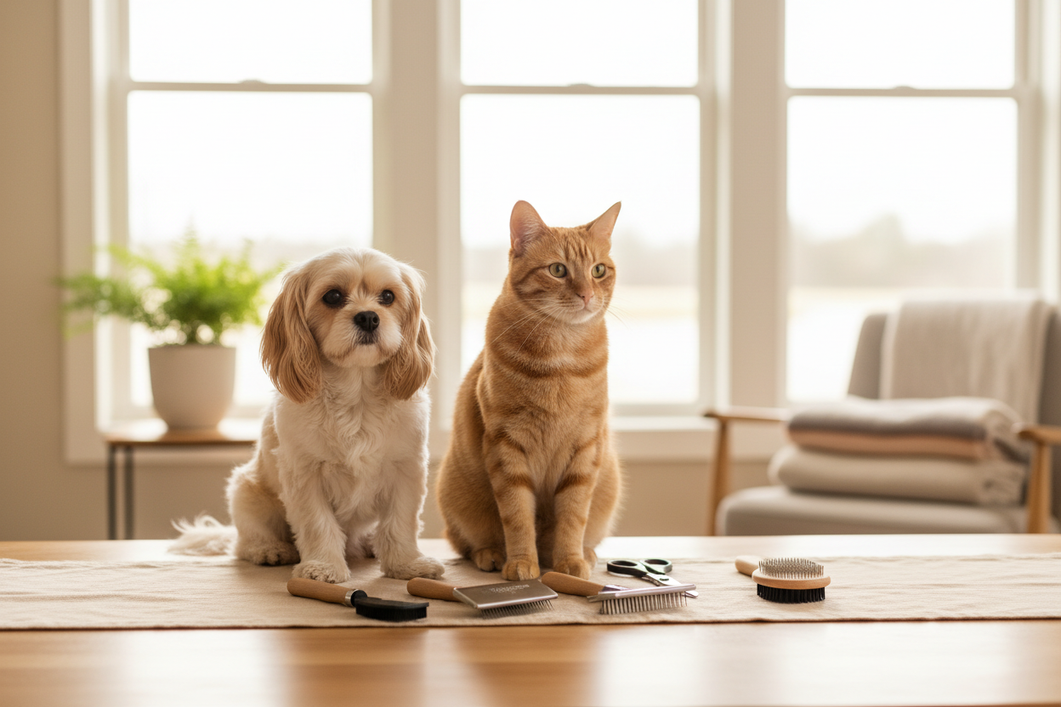 Small dog grooming tools laid out for coat care, with a cat and a small dog beside a brush and comb on a clean tabletop