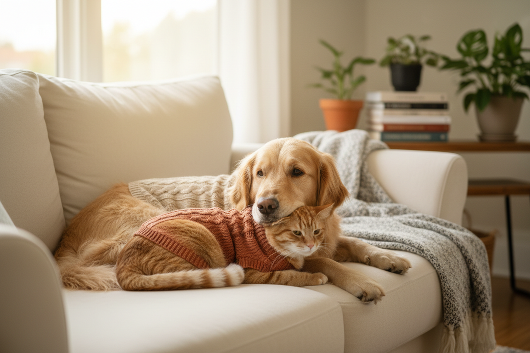 Dog and cat wearing a soft pet sweater together in a cozy indoor setting, styled as a friendly pet clothing scene