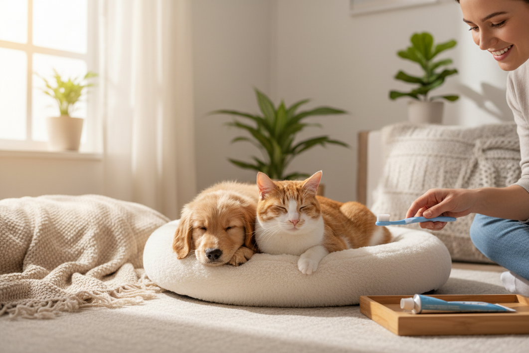 Small dog puppy and calm cat together during a gentle home care routine, with an adult hand preparing a toothbrush nearby