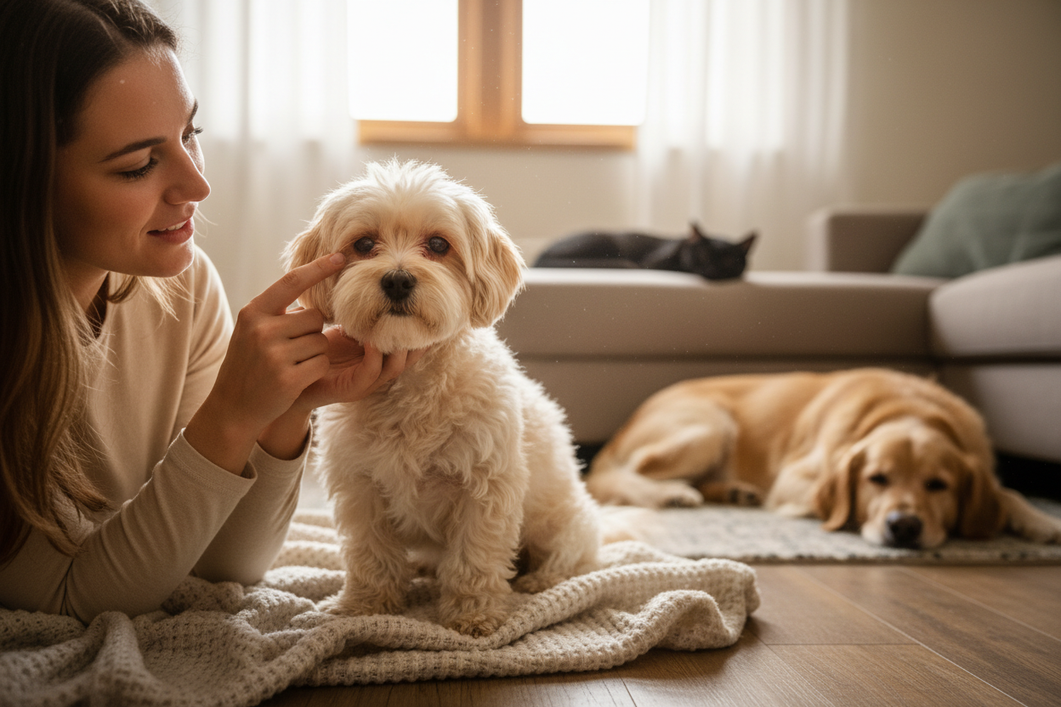 Small dog with a red, watery eye being gently checked by a person while another pet looks on in the background